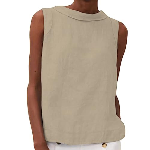 Leinen Top Damen Ärmellos - Leinenhemd Damen Sommer, Einfarbige T-Shirts Bequeme Sommerbluse Elegant Ohne Arm Sommershirts Leicht Hemdbluse Rundhals Damenoberteile Blusenshirt Off Shoulder Leinentop von TDEOK