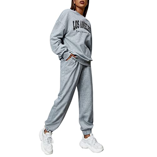 Los Angeles Pullover + Jogginghose Jogginganzug Teenager MäDchen Trend Trainingsanzug Damen Baumwolle-Freizeitanzug Winter Warm Sportanzug Hip Hop Streatwear Sportbekleidung-Outfit FüR Yoga Gym von TDEOK