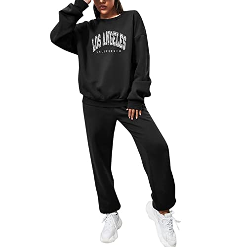 Los Angeles Pullover + Jogginghose Jogginganzug Teenager MäDchen Trend Trainingsanzug Damen Baumwolle-Freizeitanzug Winter Warm Sportanzug Hip Hop Streatwear Sportbekleidung-Outfit FüR Yoga Gym von TDEOK