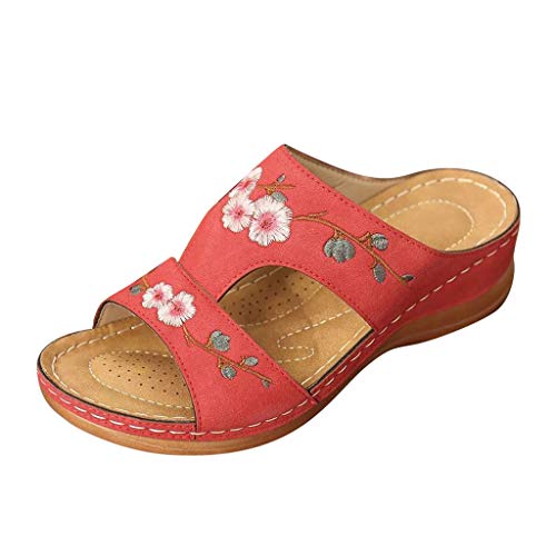 Pantoletten Damen Leder Sandaletten Mit Weichen Sohlen, Bequem Sandalen Sommerschuhe Freizeitschuhe Peep Toe Sandals, Gestickte Blumenmuster Schuhe Elegante Flip Flop Gartenschuhe Strandschuhe von TDEOK