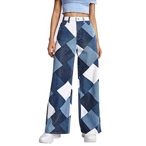 Pathwork-Jeanshosen Damen Stretch Mit Druck - Cargohose High Waist Damenjeans Weites Bein Streetwear Lang Freizeithose Kariert-Jeanshose Baggy Outdoorhose Y2K Boyfriend Jogginghose Harajuku Fashion von TDEOK