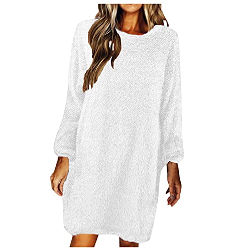 Pulloverkleid Damen Winter Teddy - Strickkleid Langarm Minikleid Plüsch Freizeitkleid Flauschig Herbstkleid Kuschelig Kleid Große Größen Winterkleid Kurz Wickelkleid Locker Strickkleider Weiß S-3Xl von TDEOK