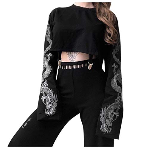 Punk Kleidung Damen Oberteil Schwarz - Gothic Oberteil Damen Langarm Bauchfreie Pullover Teenager MäDchen Crop Tops Sweatshirt Ohne Kapuze Kurz Hoodie Gothic Kapuzenpullover Aesthetic E-Girl Y2k Top von TDEOK