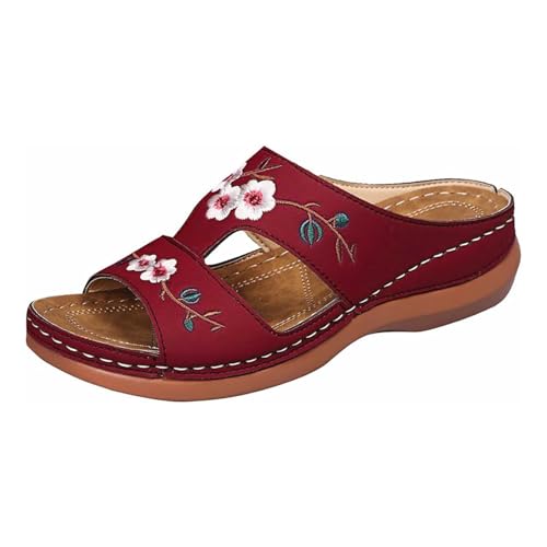 Sandalen Mit Blumen Keilabsatz Slip-On Pantoletten Peep Toe Keilsandalen Plateaau Orthopädische Sandaletten Mit Blumenmuster Rutschfest Schlappen Leicht Bequem Strandpantoffeln Gr.36-43 von TDEOK