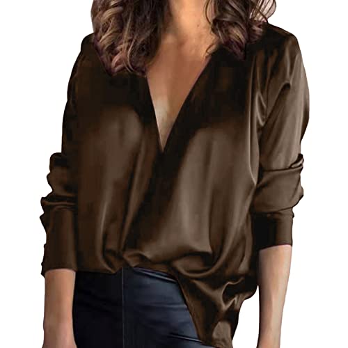 Satin-Oberteil Damen Elegant Langarm Satinblusen FüR Damen V-Ausschnitt Oberteile Business Hemden Tunika Bluse Mit KnöPfen Lose Langarmshirt Einfarbig Chiffonbluse-Seidenbluse Langarm Shirts von TDEOK
