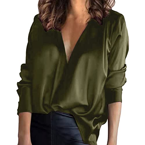 Satin-Oberteil Damen Elegant Langarm Satinblusen FüR Damen V-Ausschnitt Oberteile Business Hemden Tunika Bluse Mit KnöPfen Lose Langarmshirt Einfarbig Chiffonbluse-Seidenbluse Langarm Shirts von TDEOK