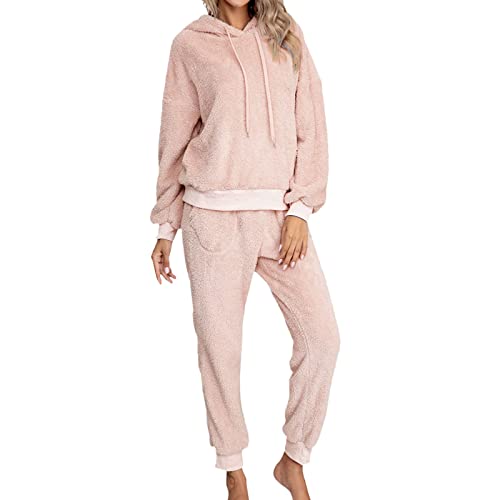 Schlafanzug Damen Lang Winter Hausanzug Kuschelig 2-Teiler Kuschelanzug PlüSch-Trainingsanzug Warm Fleece-Pyjama Teddy-Fleece Jogginganzug Zweiteiler Freizeitanzug NachtwäSche von TDEOK