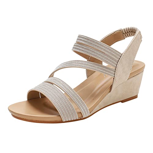 Sommer Sandalen Damen Mit Absatz, Mode Keilabsatz Offene Spitze Sandaletten, Atmungsaktiv Und Bequem Plateausandals Open Toe Knöchelsandals Elastic Gürtel Solider Römischer Stil Pailletten Schuhe von TDEOK