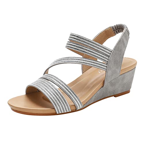 Sommer Sandalen Damen Mit Absatz, Mode Keilabsatz Offene Spitze Sandaletten, Atmungsaktiv Und Bequem Plateausandals Open Toe Knöchelsandals Elastic Gürtel Solider Römischer Stil Pailletten Schuhe von TDEOK