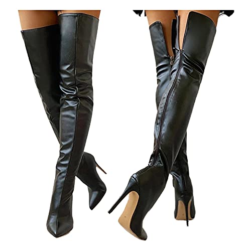 Stiletto Knöchelhoher Overknee Stiefel Damen,Spitz Stiefelette Reißverschluss Damenstiefel Outdoor Schuhe,Overknee-Stiefel Kunstleder,Damen Stretch Boots,Winterschuhe Damen GefüTtert Schwarz 37-42 von TDEOK