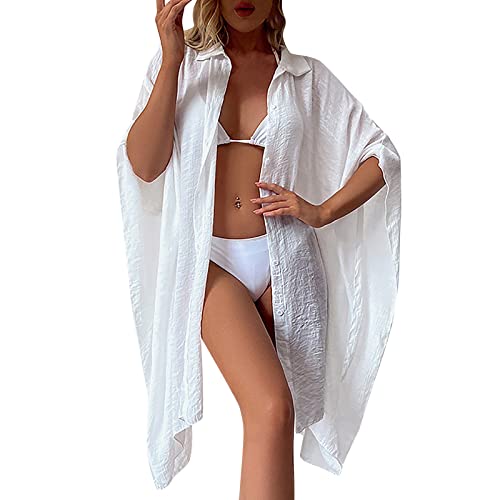 Strandbluse Damen Sommer Lang - Lockeres Strandkleid - Strandhemd Leinen - Strandtunika Weiß - Strandtuch Dünn - Beach Cardigan - Leicht Strandponcho Badeponcho Strandkleider Bikini Cover Up Bluse von TDEOK