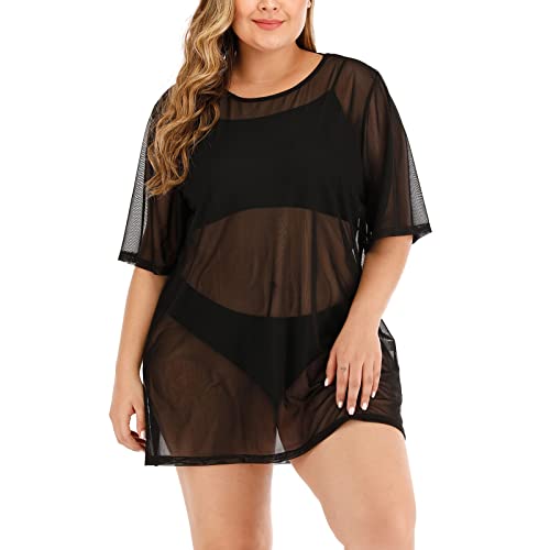 Strandkleid Damen Sexy Durchsichtig - Kaftan Damen Kurz Große Größen - Strandkleid Schwarz Transparent - Sommerkleid Kurzarm Strandkleider Leicht Strandponcho Sommer Sarong Midi Tunika Bade Bikini von TDEOK