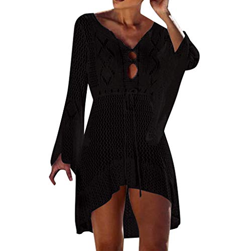 Strandkleid Weiß Gehäkelt - Kleid A Line Boho - Strandkleider Damen Langarm Bikini Cover Up Strand Kaftan Elegant Sommerkleid Strandponcho Sommer Strandurlaub Fransen Badeponcho Knielang Fransenkleid von TDEOK