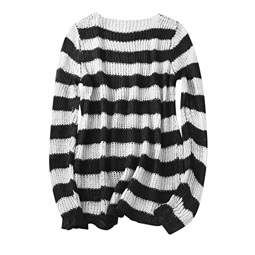 Striped Sweater Grunge: Strickpulli Mit LöChern Strickpullover Oversize Y2k Pullover-Grobstrickpullover Teenager MäDchen Kleidung Trend Winter Pulloverkleid Gestreifte-Zerrissene Longpullover von TDEOK