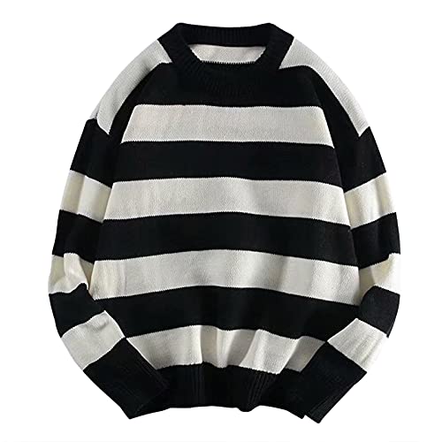 Striped-Sweater Herren Oversized: Grunge Pullover - Sweatshirt Ohne Kapuze Langarm Gestreift-Pullover Vintage 90s Hip Hop Pullover Oversize Strickpullover Teenager Jungen-MäDchen Streetwear von TDEOK
