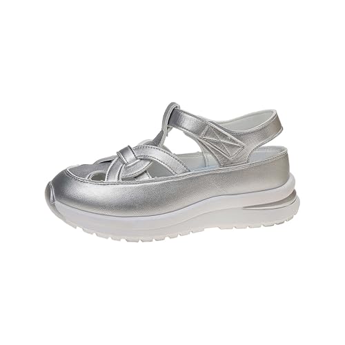 TDEOK Damen Atmungsaktive Lässige Bequeme Ausgehöhlte Slope Heel Close Toe Sandalen Schuhe Turnschuhe Damen (Silver, 38) von TDEOK