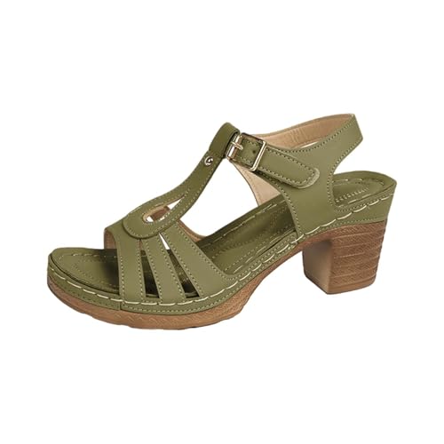 TDEOK Damen Casual Side Hollow Gürtelschnalle Dicker Absatz Römerschuhe Sommersandalen Modische Damensandalen Schuhe Wasserdicht Damen (Green, 41) von TDEOK