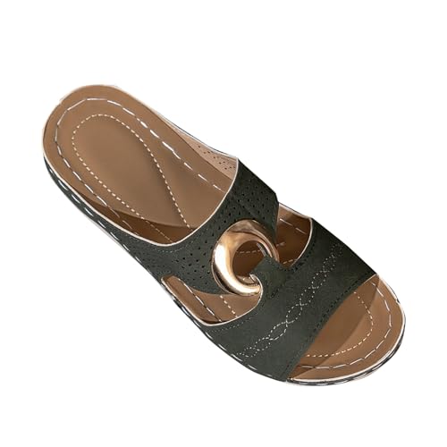 TDEOK Damen-Hausschuhe mit Keilabsatz, Dicker Sohle, hohl, lässig, zum Reinschlüpfen, Nähte, Metallschnalle Damenschuhe Schwarz Elegant Keilabsatz (Green, 42) von TDEOK