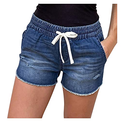 TDEOK Damen Jeans Shorts Mit Gummibund - Kurze Jeanshose Bermuda Damen - Damenjeans Stretch Bermuda Mom Fit Jeanshosen Kurz Short High Waist Hose Baggy Hotpants Kordelzug Hosen Jogging Denim Somme von TDEOK
