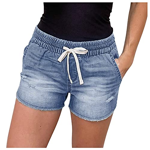 TDEOK Damen Jeans Shorts Mit Gummibund - Kurze Jeanshose Bermuda Damen - Damenjeans Stretch Bermuda Mom Fit Jeanshosen Kurz Short High Waist Hose Baggy Hotpants Kordelzug Hosen Jogging Denim Somme von TDEOK