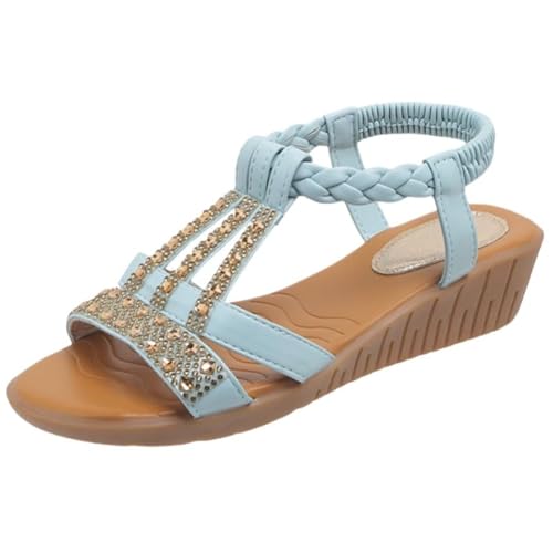 TDEOK Damen Keilsandalen Modische Elegante Pantoletten Offene Zehensandalen Knöchelriemen Strandurlaub Schuhe Damenschuhe Stiefeletten Mit Absatz (Light Blue, 43) von TDEOK