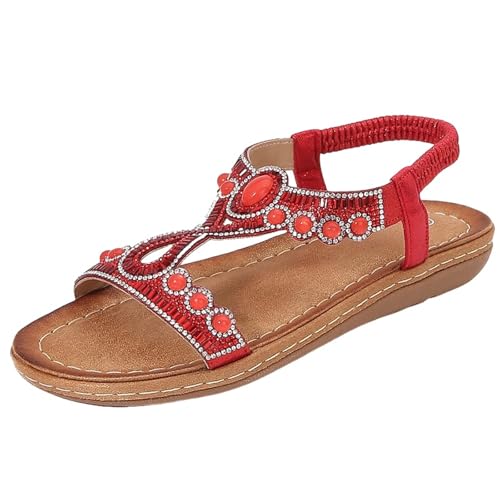 TDEOK Damen Sandalen Bequeme Retro Ethno Stil Leichte Strand Urlaub Elastische Ferse Lässige Flache Sandalen Damenschuhe Pumps Keilabsatz Blau (Red, 41) von TDEOK