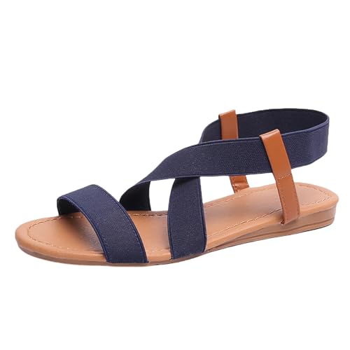 TDEOK Damen Sandalen Flache Zehensandalen Für Frauen Elastische Römische Casual Sandalen Damenschuhe Schwarz Elegant (Blue, 39) von TDEOK
