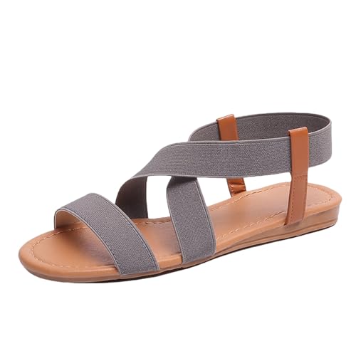 TDEOK Damen Sandalen Flache Zehensandalen Für Frauen Elastische Römische Casual Sandalen Damenschuhe Schwarz Elegant (Grey, 41) von TDEOK