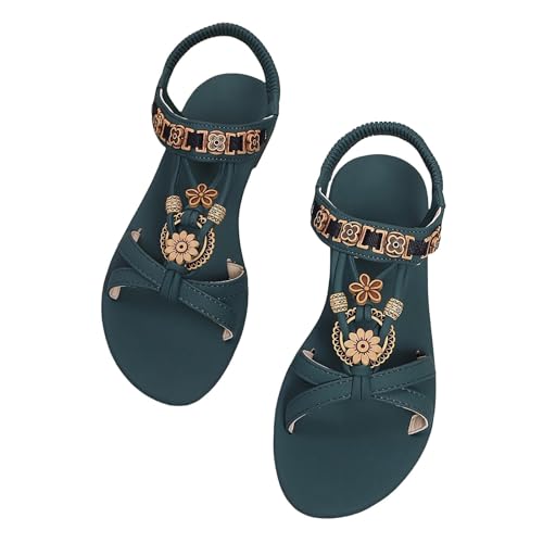 TDEOK Damen Sandalen Runde Zehenpartie Flache Unterseite Atmungsaktiv Elastisch Fischmaul Ethnischer Stil Lässige Sandalen Schuhe Keilabsatz Damen (Green, 36) von TDEOK