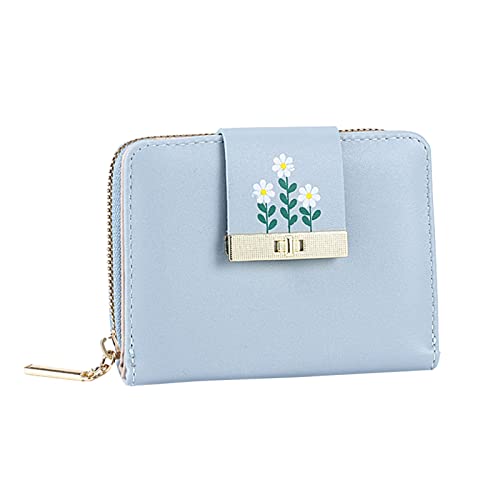 TDEOK Fashion ID Short Wallet Flowers Print Solid Color Frauen Zipper Purse Mehrere Kartenfächer Clutch Bag Brieftasche Damen Retro (Blue, One Size) von TDEOK