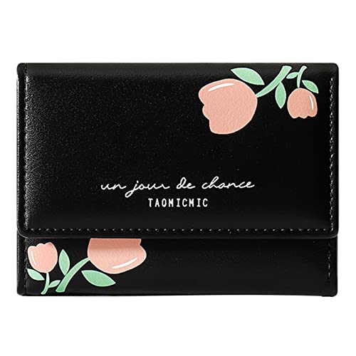 TDEOK Frauen-Blumendruck-Geldbörse Trifold Wallet Multi Card Cartoon PU Short Card Holder Wallet Herren Brieftasche Klein Münzfach (Black, One Size) von TDEOK