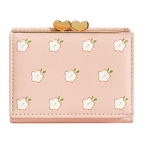 TDEOK Frauen Kurze Cartoon PU Student Blumendruck Brieftasche Clip Geldbörse Kitkartenhüllen Metall (Pink, One Size) von TDEOK