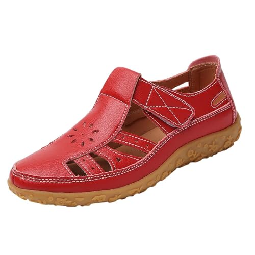 TDEOK Geschlossene Zehensandalen für Damen 2025 Bequeme flache Sandalen mit Fußgewölbeunterstützung Lässige, ausgehöhlte flache Schuhe Breite, trendige Sandalen-Abendschuhe Keilabsatz Schuhe (Red, 41) von TDEOK