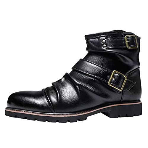 TDEOK Herren Schuhe Sommer Lederstiefel Vintage Gürtelschnalle Plissee Seitlicher Reißverschluss Kurze Stiefel Mountainbike Schuhe Herren Flat Pedal (Black, 46) von TDEOK