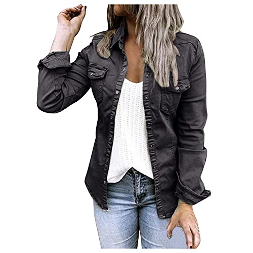 TDEOK Jacke Damen FrüHling Elegant Jeansjacke Damen Tailliert Stretch üBergangsjacke Langarm Damenjacken Leichter Cardigan Vintage Jeansjacken Frauen Kurz Denim Jacket Leichte Sommerjacke Sportjacke von TDEOK