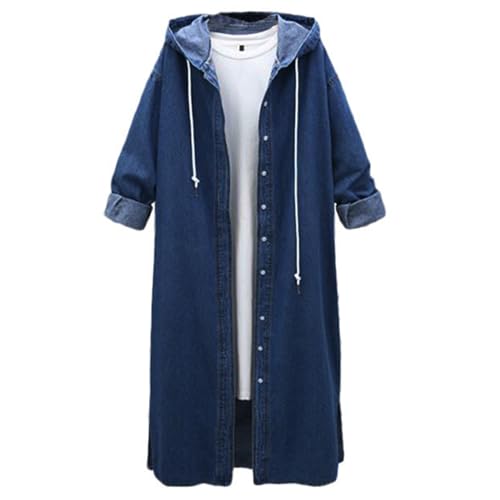 TDEOK Jeansjacke Damen Oversize Mit Kapuze | Trenchcoat Damen Lang Blau Denim Jacke Langarm Wintermantel Locker Übergangsjacke Vintage Sweatjacke Mit Kapuze Trucker-Jacke Kapuzenjacke Jeansmantel von TDEOK