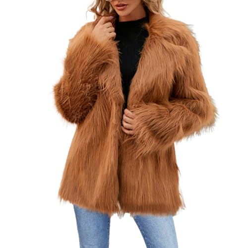 TDEOK Kunstpelz Jacke Damen Braun Übergangsjacke Herbst Lang Felljacke Langarm Vintage Cardigan Elegant Damen-Jacken Lange Kunstfell Jacke Pelz-Mantel Warm Faux Fur Jacke Warm Winterjacke Pelzmantel von TDEOK