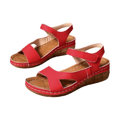 TDEOK Lässige Seite Hohl Gürtel Klebstoff römische Schuhe Damen Sandalen Damenschuhe 43 Weite G (Red, 36) von TDEOK