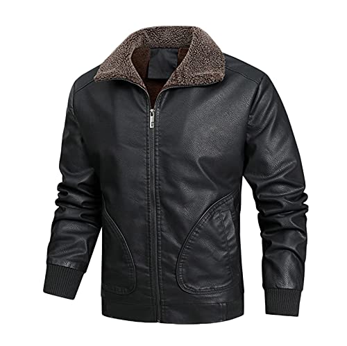 Pilotenjacke Herren Lederjacke Mit Fellkragen Gefütterter Vintage Jacke Winterjacke Fliegerjacke Männer Winter Warme Schwarz Fleecejacke Mit Revers Outdoor Übergangsjacke Bikerjacke von TDEOK