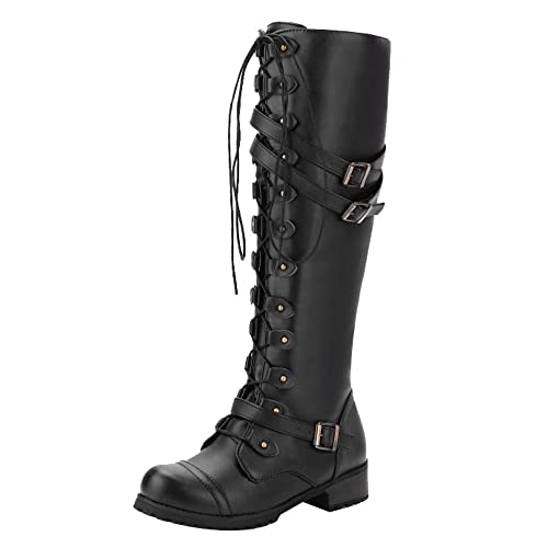 TDEOK Schwarz 39 Herren Frauen Steampk Gothic-Vintage-Stil Retro-Punk-Schnalle Kampfstiefel Overknees Schwarz Günstig von TDEOK