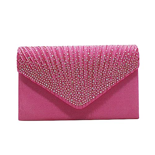 TDEOK Taschen Damen Klein Günstig Große Damen-Clutch-Tasche für den Abend, Satin, Brautschmuck, Diamante, Party, Abschlussball, Umschlag Umhängetaschen Damen in Klein (Hot Pink, One Size) von TDEOK