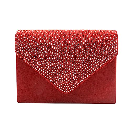 TDEOK Taschen Damen Klein Günstig Große Damen-Clutch-Tasche für den Abend, Satin, Brautschmuck, Diamante, Party, Abschlussball, Umschlag Umhängetaschen Damen in Klein (Red, One Size) von TDEOK