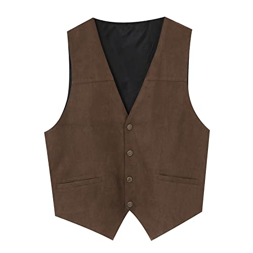 TDEOK Wildleder Weste Herren Braun Cowboy Weste Casual Western Regular Fit Traditionelle Stil Klassische Waistcoat Gilet Weste Retro Weste Vintage Anzugwesten mit V-Ausschnitt Freizeitweste von TDEOK