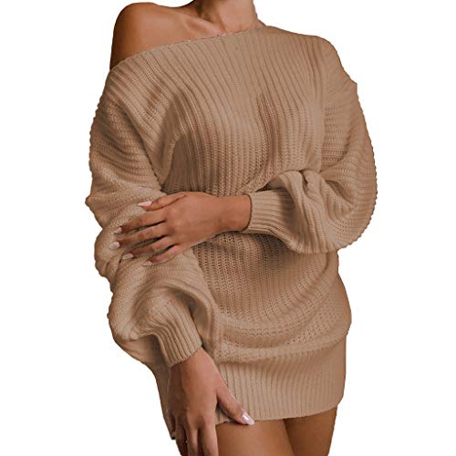 TDEOK Winterkleid Damen Langarm Warm: Strickkleid Damen Herbst Winter Pulloverkleid Oversize Strickpullover Sexy Schulterfrei Pullover Blusenkleid Vintage Rollkragenpullover Lang Grobstrickpullover von TDEOK