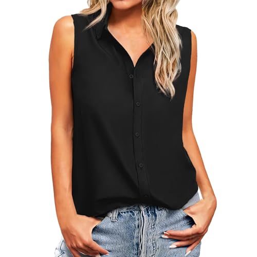 Top Mit Kragen Damen Ärmellos - Blusen Top Damen Elegant Ärmellos Chiffon - Bluse Ärmellos Knopfleiste Lang - Chiffonblusen Kragentop V Ausschnitt Sommer Tank Top Lässig Knöpfen Tanktop Locker Hemd von TDEOK