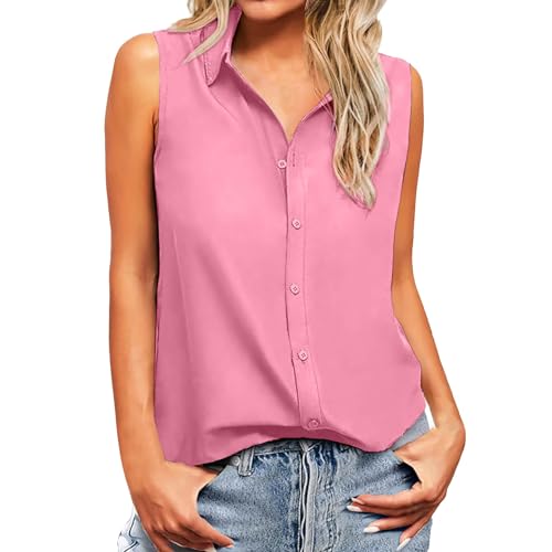 Top Mit Kragen Damen Ärmellos - Blusen Top Damen Elegant Ärmellos Chiffon - Bluse Ärmellos Knopfleiste Lang - Chiffonblusen Kragentop V Ausschnitt Sommer Tank Top Lässig Knöpfen Tanktop Locker Hemd von TDEOK