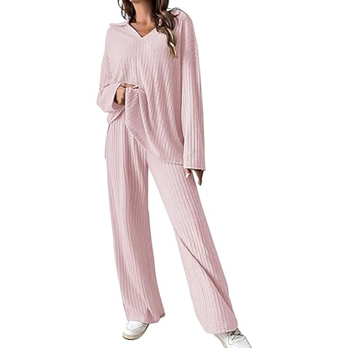 Weicher Hausanzug Damen - Pyjama Lang Loungewear Yoga Schlafanzug Gerippt Nachtwäsche Outdoor Jogginganzug Y2K Baggy Trainingsanzug Elegant Strickanzug Kurz Lässig Pullover Mit Kordelzug Pyjamahose von TDEOK