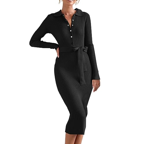 Wickelkleid Damen Elegant Langarm Strickkleid Herbst Tailliert Pulloverkleid Mit Knopfleiste Polo Kleid Eng Minikleid Curvy Wickelkleid Freizeit Winterkleid Gerippt Strickkleider Strickpullover S-Xxl von TDEOK