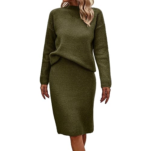 Zweiteiler-Strickkleid Damen Grau Rollkragen - Freizeitkleid Elegant Wickelkleid Gerippt Pulloverkleid Langarm Freizeitkleid Lässig Jumper Kleid Strickkleider Lose Strickpullover Knielang Midirock 3Xl von TDEOK