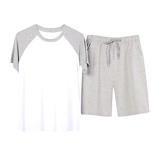 Zweiteiliger Schlafanzug Herren Kurz Pyjama Baumwolle Kurzarm Pyjamas Set Nachtwäsche Set Zweiteiliger Pyjamahose und Shirt Rundhals Elastischer Bund Taschen Pyjamahose + T-Shirt von TDEOK